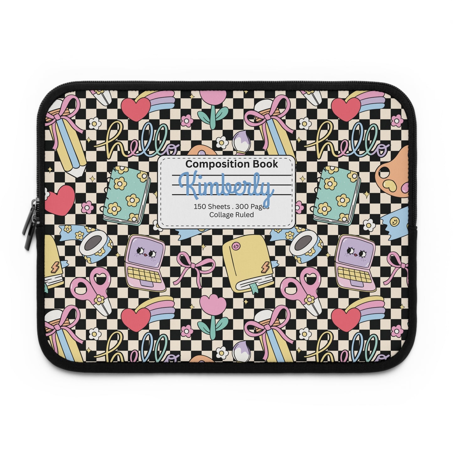 Personalized Black Doodle Daydream Laptop Sleeve with Composition Book Inspired Design, Customizable Tech Case, School Supplies, Gift for Students, College Essentials, Back to School