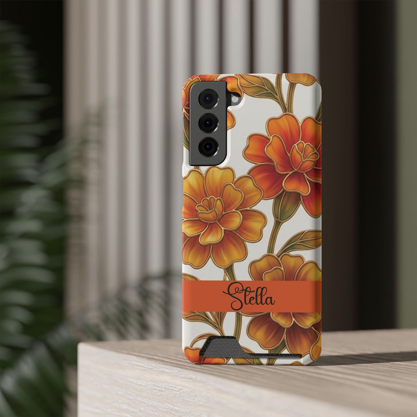 Personalized Orange Stained Glass Effect Marigold Floral Cardholder iPhone and Samsung Case