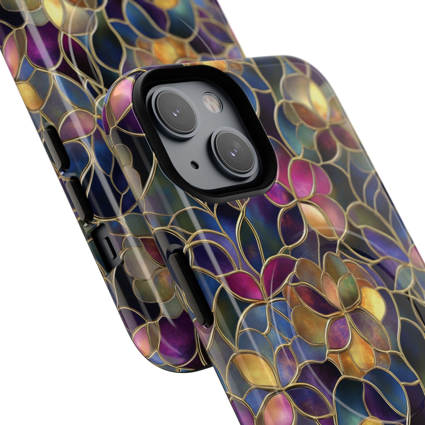 Chromatic Bloom Tough iPhone Magnetic Case, Tough iPhone Cover, Floral iPhone Accessory, Birthday Gift, Elegant Tech Decor, MagSafe Stained Glass Pattern.