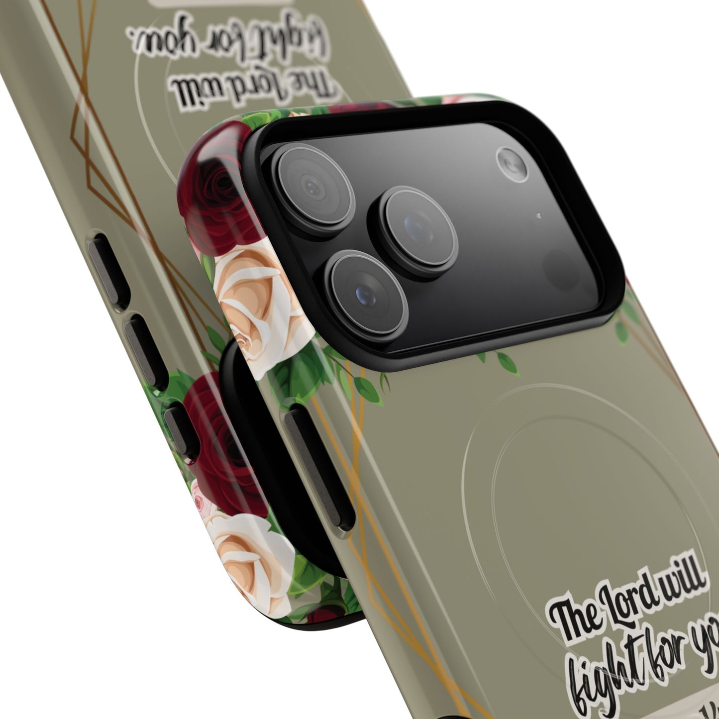 The Lord will Fight for You Exodus 14:14, Inspirational Gift, Tough iPhone Magnetic Case Scripture, Roses Bible Verse, MagSafe® iPhone® Tough Case, iPhone 14, iPhone 15, iPhone 16, Pro, Pro Max, Plus.
