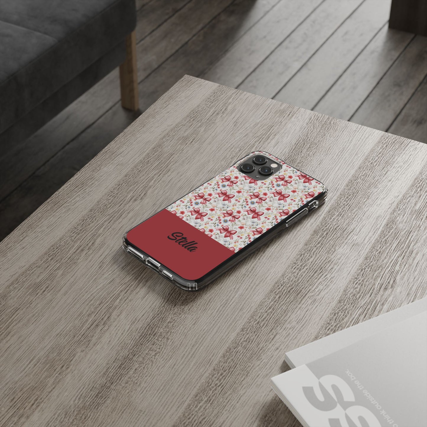 Personalized Rosette Coquette Floral Bow Clear iPhone, Samsung Cases — Custom Name Phone Cover