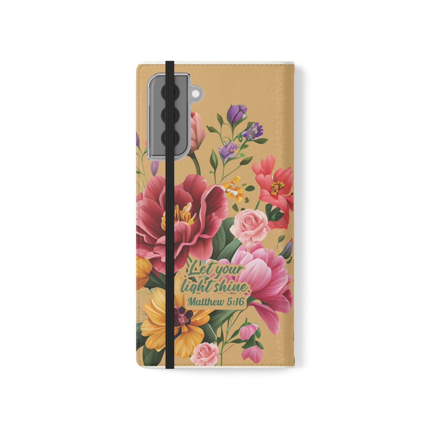 Floral Scripture Flip Case — "Let Your Light Shine" Wallet Phone Cover (Matthew 5:16)