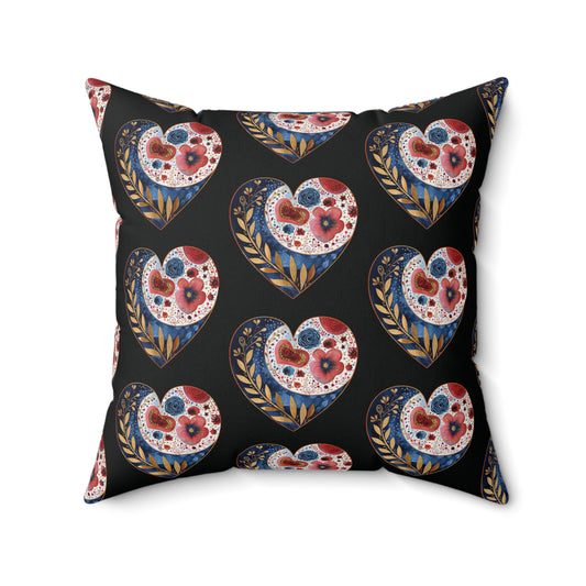 Black Floral Heart Spun Polyester Square Pillow