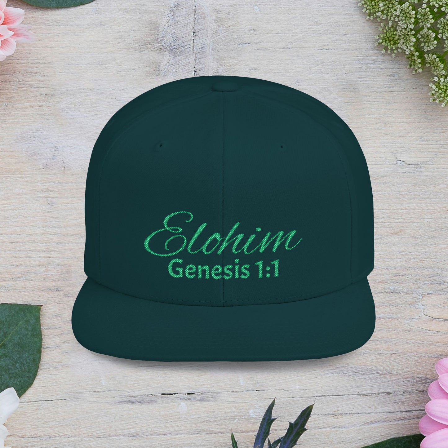 Green Elohim, Genesis 1:1 Snapback Cap - Faith-Inspired Flat Bill Hat, Baseball Hat, Perfect for Gifts, Daily Wear, Spiritual Events.