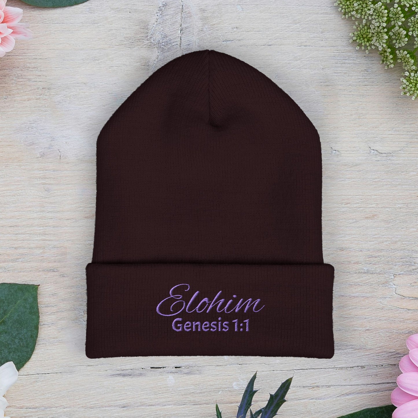 Purple Embroidered 'ELOHIM, GENESIS 1:1' Classic Cuffed Beanie - Cozy Winter Hat, Streetwear Accessory, Personalized Gifts, Religious Apparel, Unisex Beanie