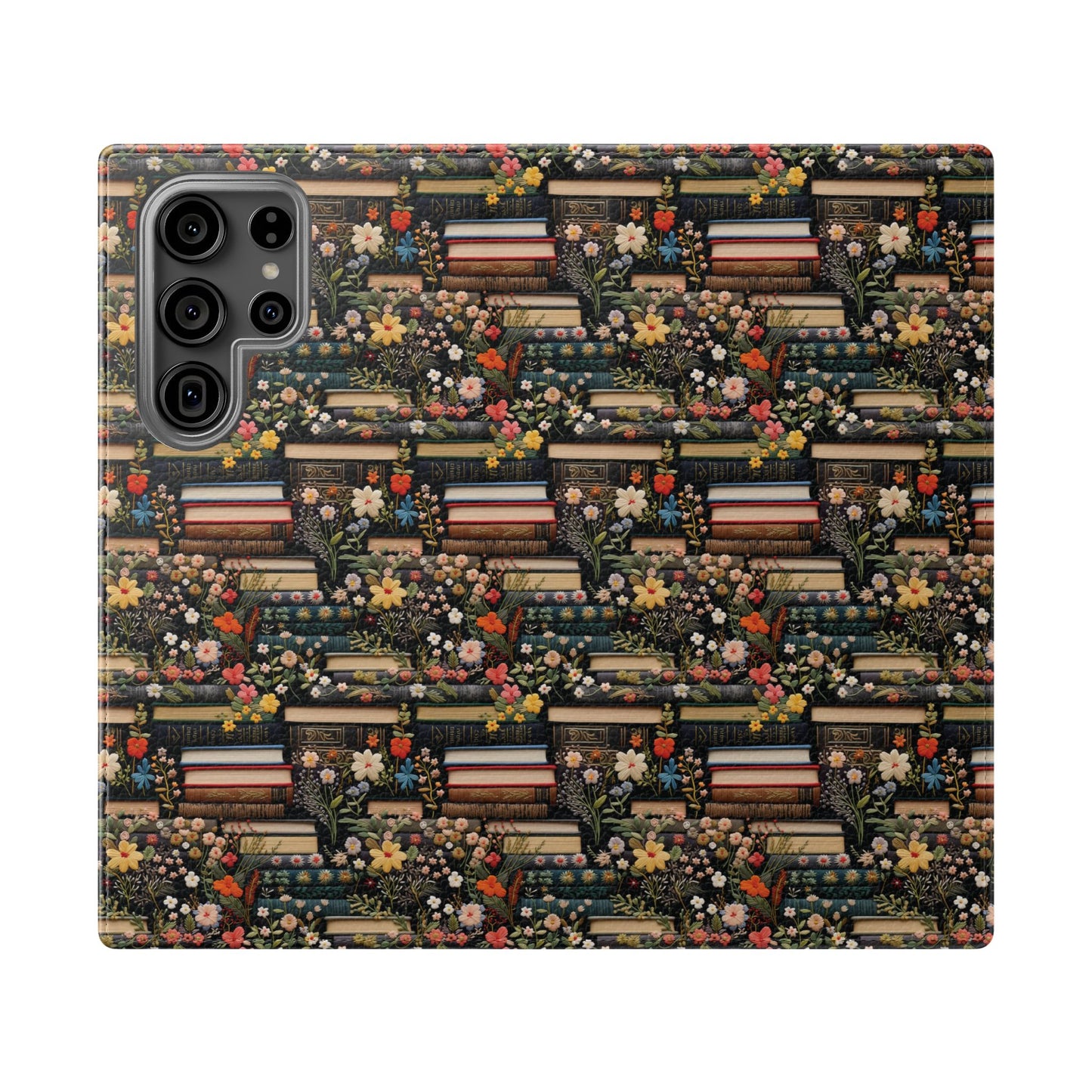 Book Stack Floral Flip iPhone and Samsung Phone Case — Vintage Library Wallet Cover.