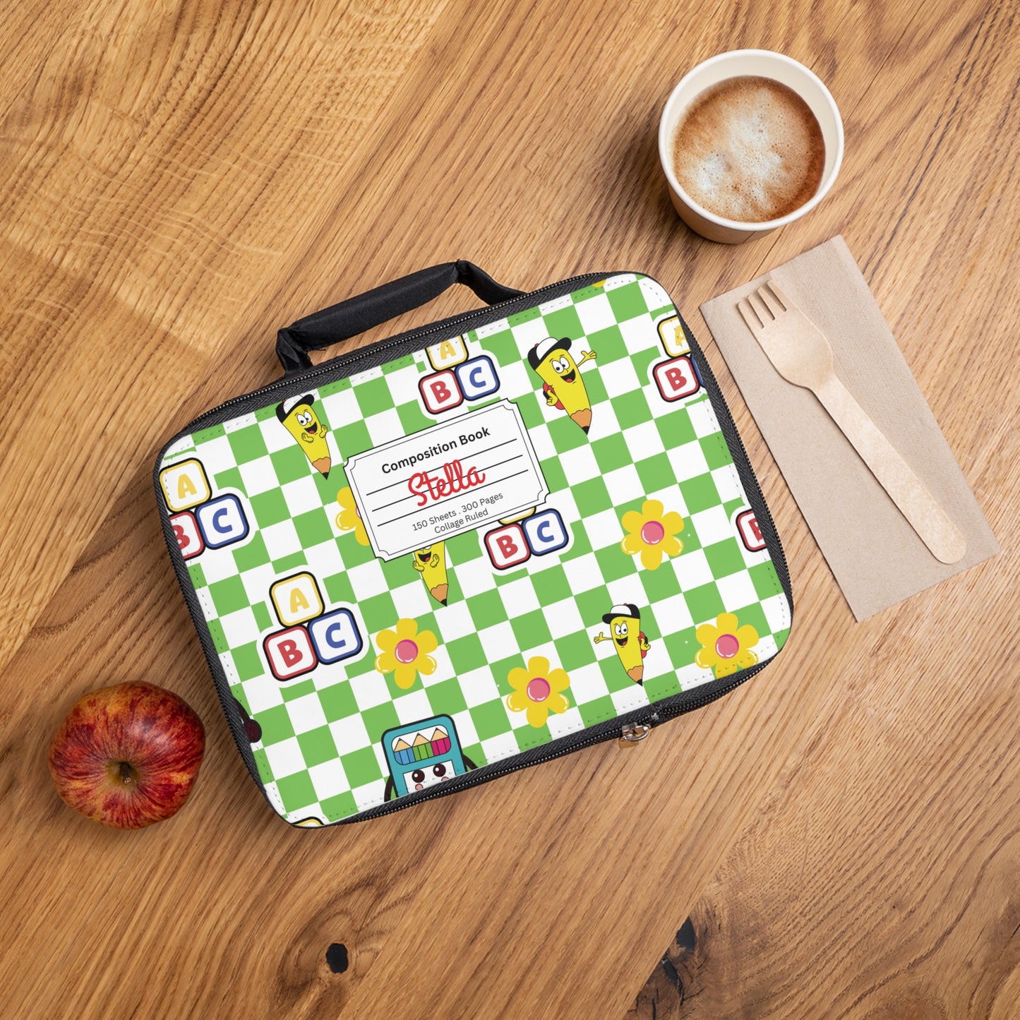 Personalized Green SchoolYard Chic Composition Book Inspired Colorful Kids Lunch Bag for School, Snack Bag, Lunch Tote, Lunchbox, Kids' Bag with Fun Back to School Design