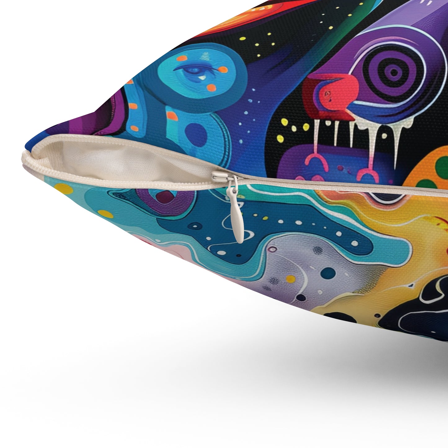 Psychedelic Visions Colorful Artistic Square Pillow | Vibrant Abstract Faces & Patterns Decor.