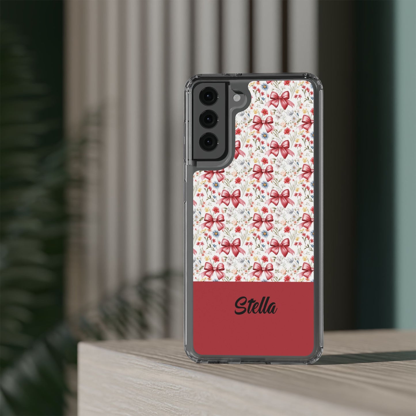 Personalized Rosette Coquette Floral Bow Clear iPhone, Samsung Cases — Custom Name Phone Cover