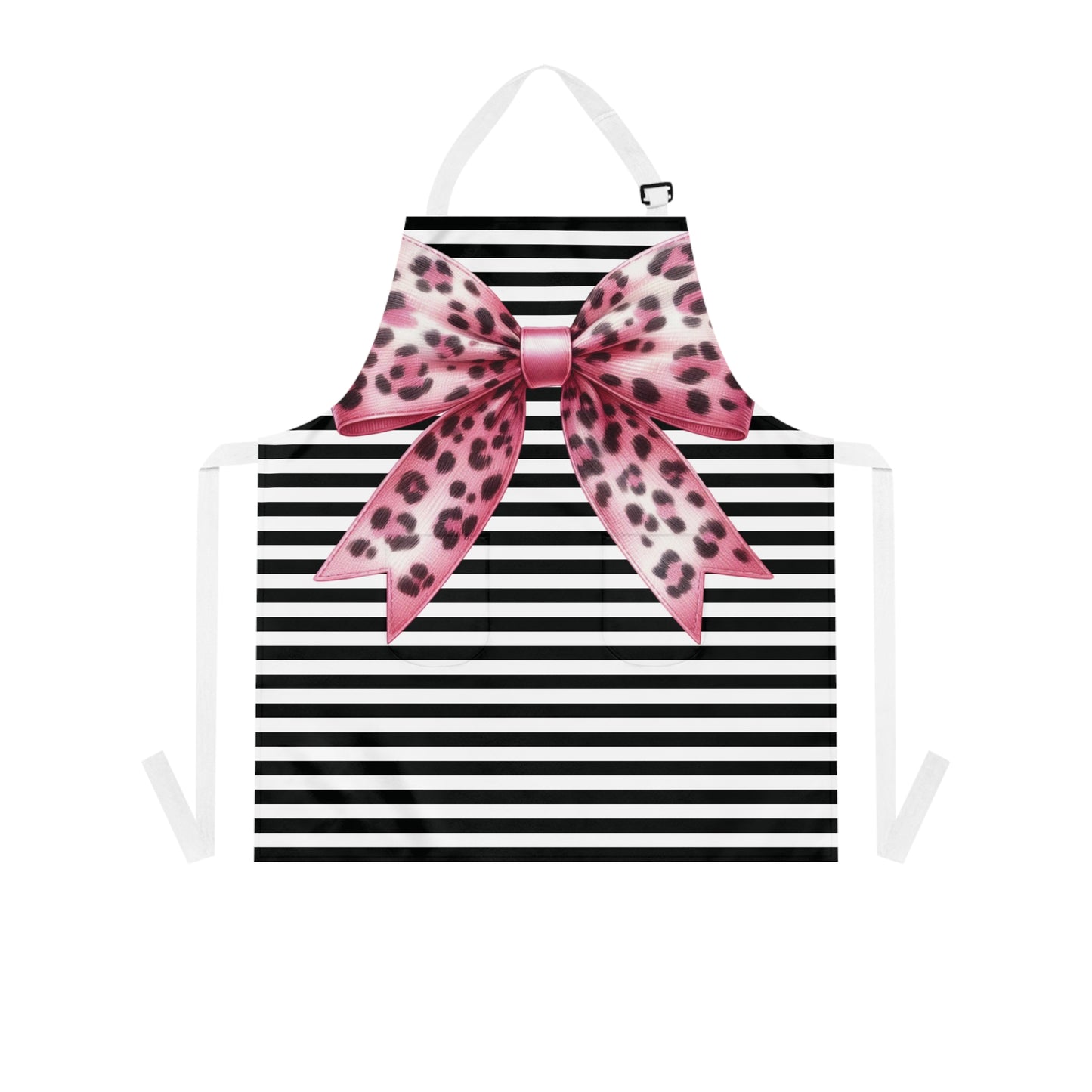 Striped Pink Animal Print Bow Grilling Apron with Tie Straps (AOP).