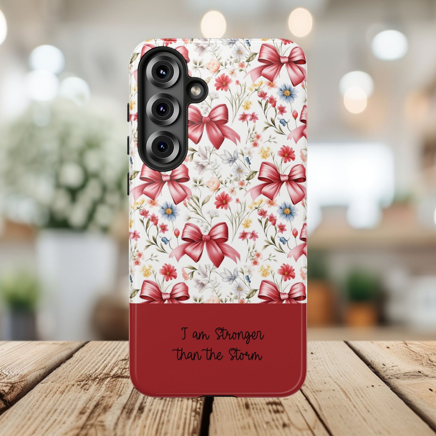 Personalized Rosette Coquette Phone Case - Custom Name/Message 'I Am Stronger Than The Storm' Floral Bow Protective Case