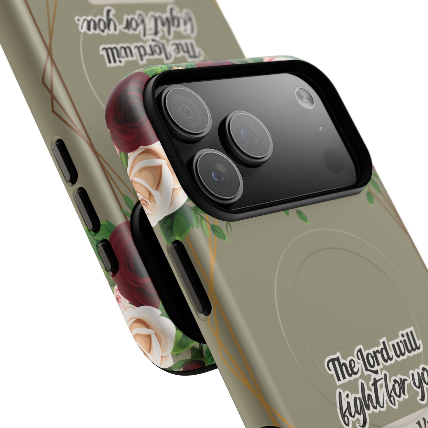 The Lord will Fight for You Exodus 14:14, Inspirational Gift, Tough iPhone Magnetic Case Scripture, Roses Bible Verse, MagSafe® iPhone® Tough Case, iPhone 14, iPhone 15, iPhone 16, Pro, Pro Max, Plus.