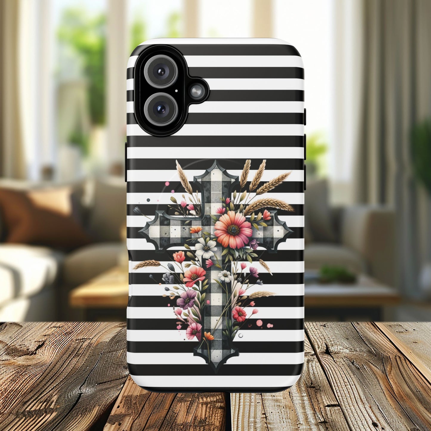Grace in Bloom Tough Magnetic iPhone Case with Floral Cross Design, Boho iPhone Cover, Striped iPhone Case, Unique Religious Gift, Trendy Cell iPhone Accessory.