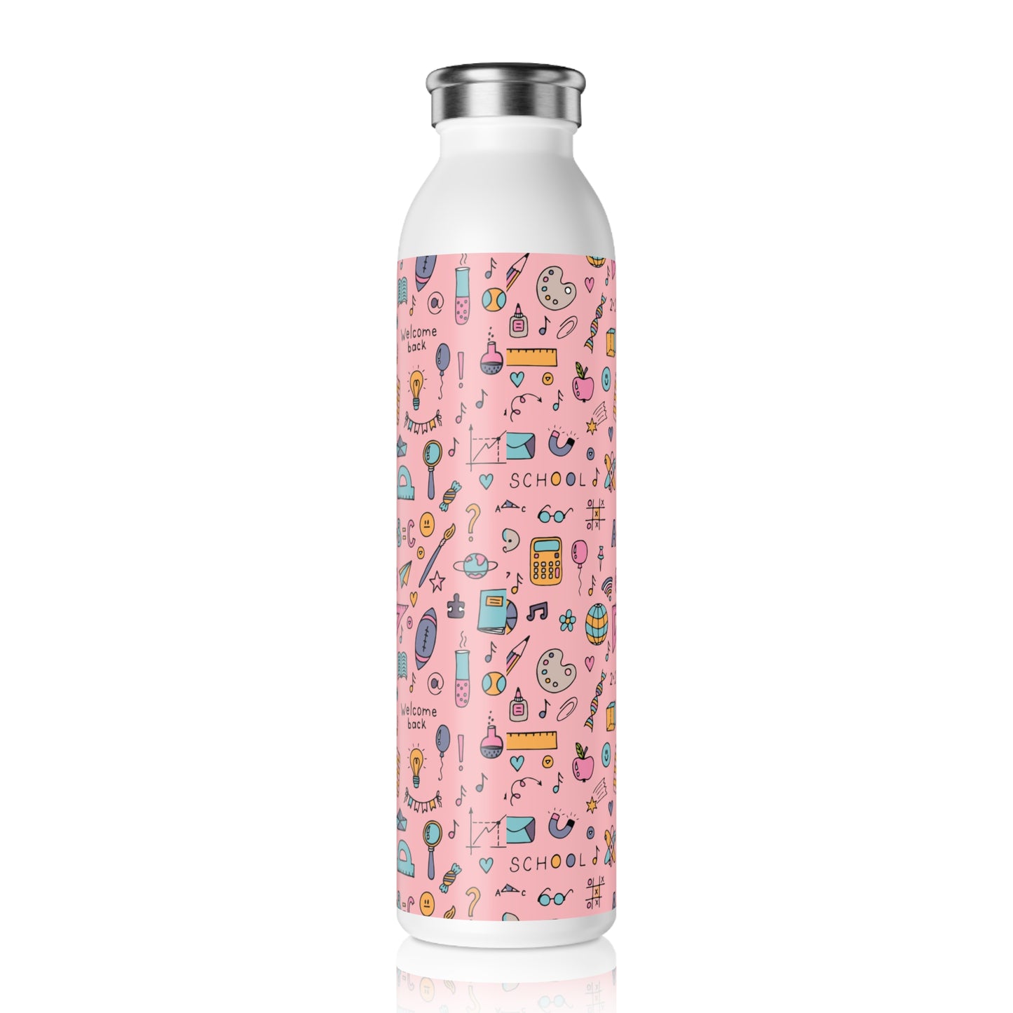 Personalized Pink Chalkboard Chic Composition Book Inspired Slim Water Bottle, Customizable Drinkware, Eco-Friendly Hydration Bottle, Perfect for Gifts, School Supplies, Back to School