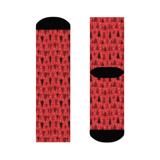 Winter Wonderland Red Crew Socks - Soft & Elastic Polyester/Spandex Blend - One Size Fits All