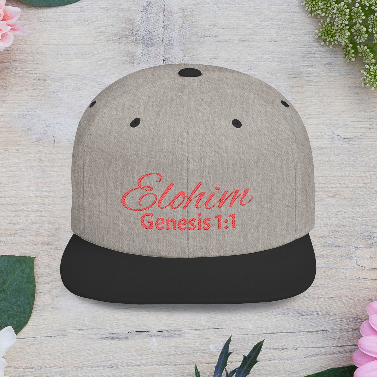 Red Embroidery 'ELOHIM, GENESIS 1:1' Flat Bill Snapback Hat, Stylish Cap for Everyday Wear, Church Events, Gift for Him/Her, Streetwear Accessory, Casual Fashion