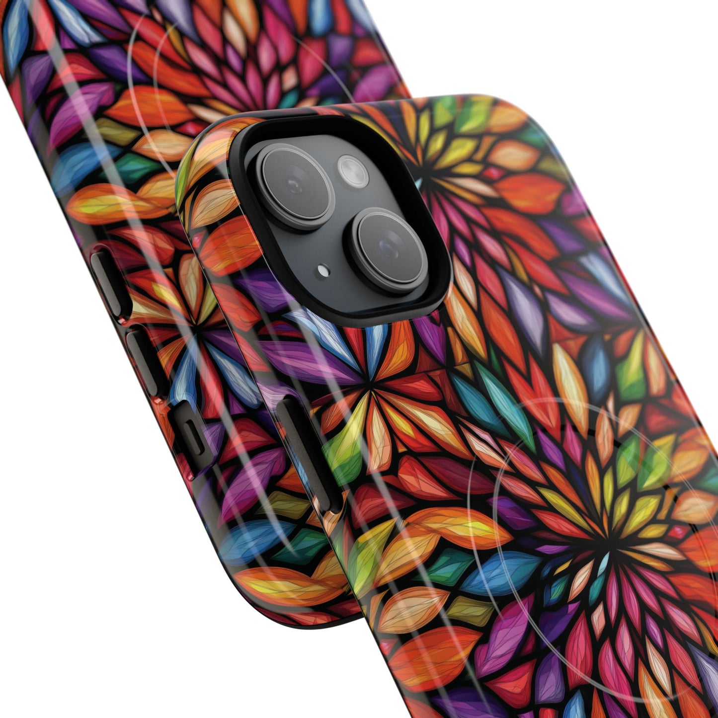 Prism Bloom Tough iPhone Magnetic Case, Stained Glass  MagSafe Cases, iPhone Accessory, Floral Design, Unique Gift, iPhone Protection