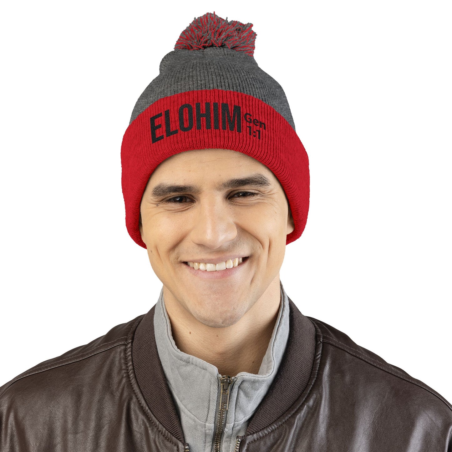 Cozy Pom-Pom Knit Cap with 'ELOHIM, GENESIS 1:1'  Embroidery Beanie - Stylish Winter Accessory for All Ages, Perfect Gift for Birthdays, Holidays, and Outdoor Activities