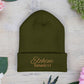 Brown Embroidered 'ELOHIM, GENESIS 1:1' Classic Cuffed Beanie - Cozy Winter Hat, Streetwear Accessory, Personalized Gifts, Religious Apparel, Unisex Beanie