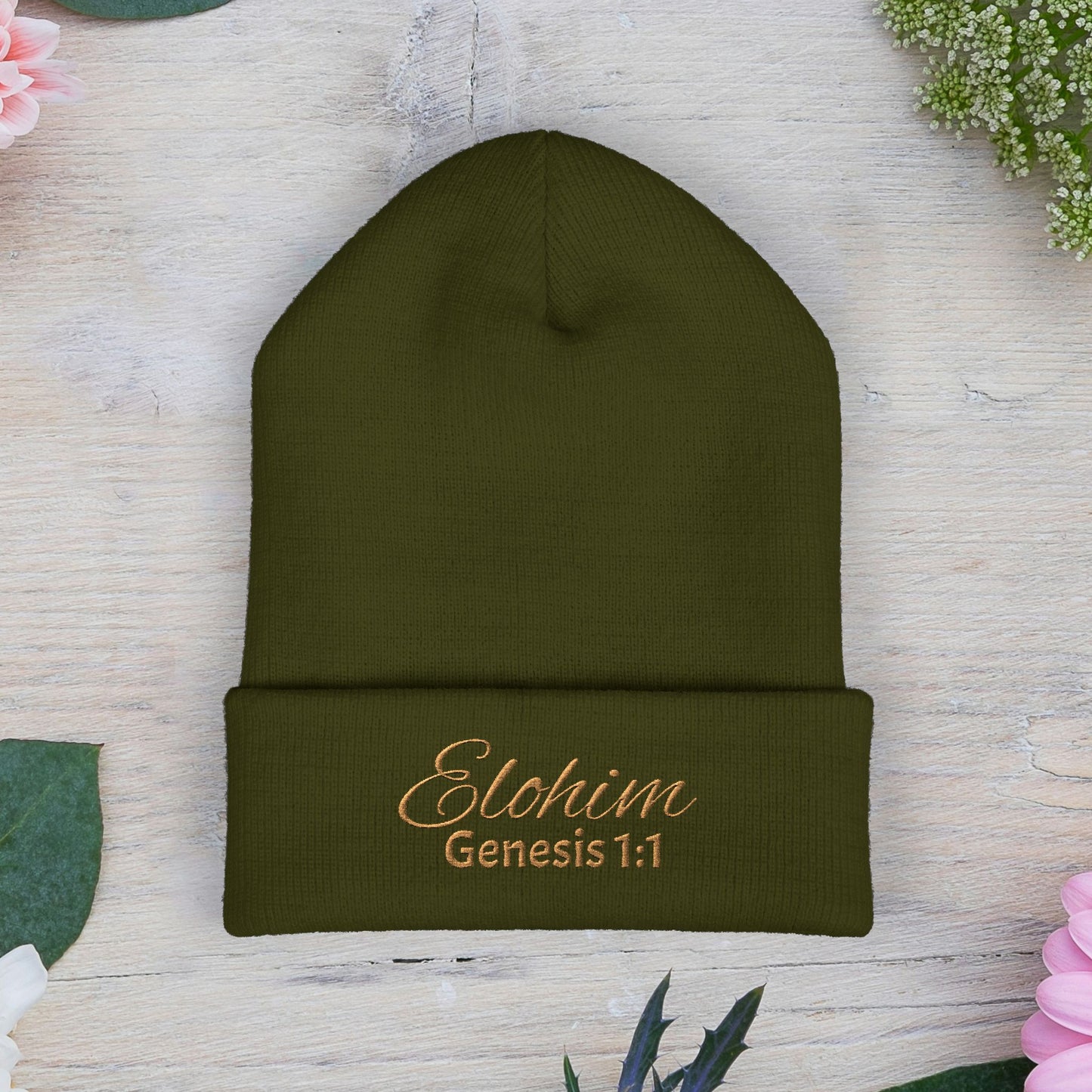 Brown Embroidered 'ELOHIM, GENESIS 1:1' Classic Cuffed Beanie - Cozy Winter Hat, Streetwear Accessory, Personalized Gifts, Religious Apparel, Unisex Beanie
