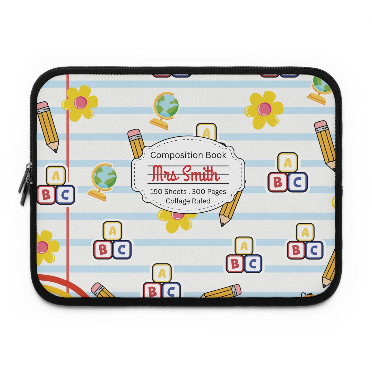 Personalized White SchoolYard Chic Laptop Sleeve with Composition Book Inspired Design, Customizable Tech Case, School Supplies, Gift for Students, College Essentials, Back to School