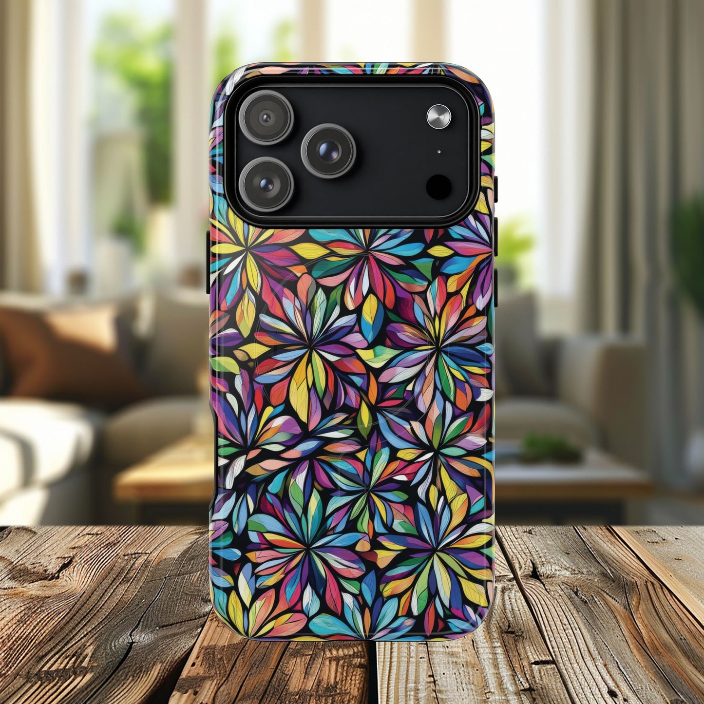 Prism Petal Burst Tough Magnetic iPhone Case, Colorful iPhone Case, Unique Gift for Flower Lovers, Stylish stained Glass Accessory