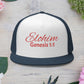 Red 'ELOHIM, GENESIS 1:1'  Embroidered 5 Panel Trucker Cap | Casual Style Hat, Adjustable, Unisex, Perfect Gift for Outdoors, Festivals, Daily Wear