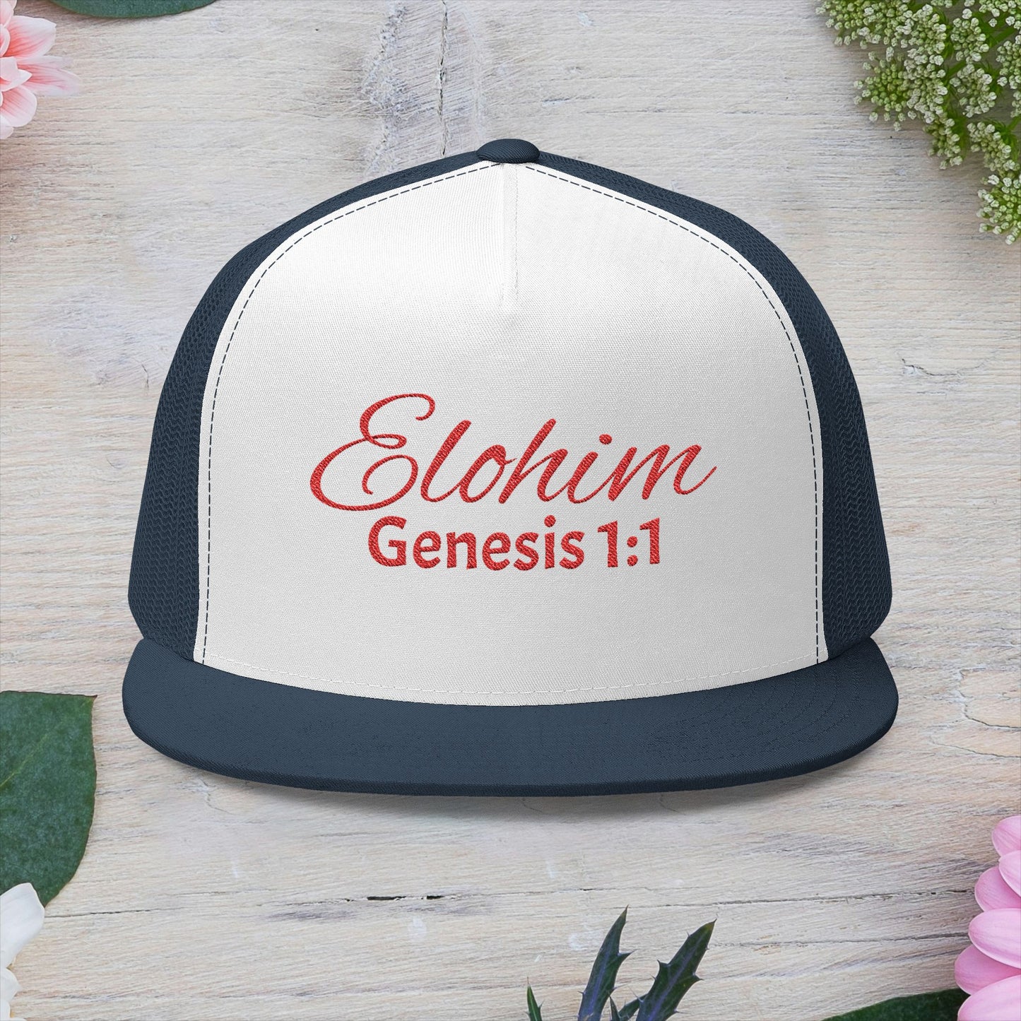Red 'ELOHIM, GENESIS 1:1'  Embroidered 5 Panel Trucker Cap | Casual Style Hat, Adjustable, Unisex, Perfect Gift for Outdoors, Festivals, Daily Wear