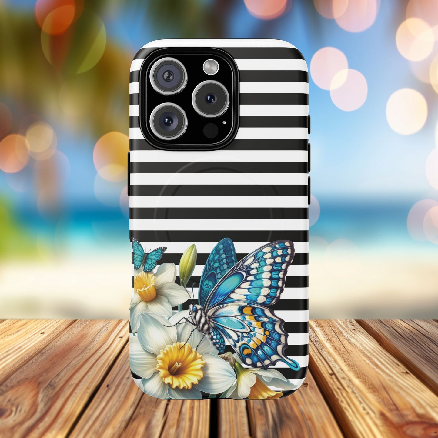 Daffodil Flutter Tough iPhone Magnetic Case, Floral iPhone Accessories, Stylish iPhone Cover, Black Striped Design, Gift for Her, Trendy iPhone