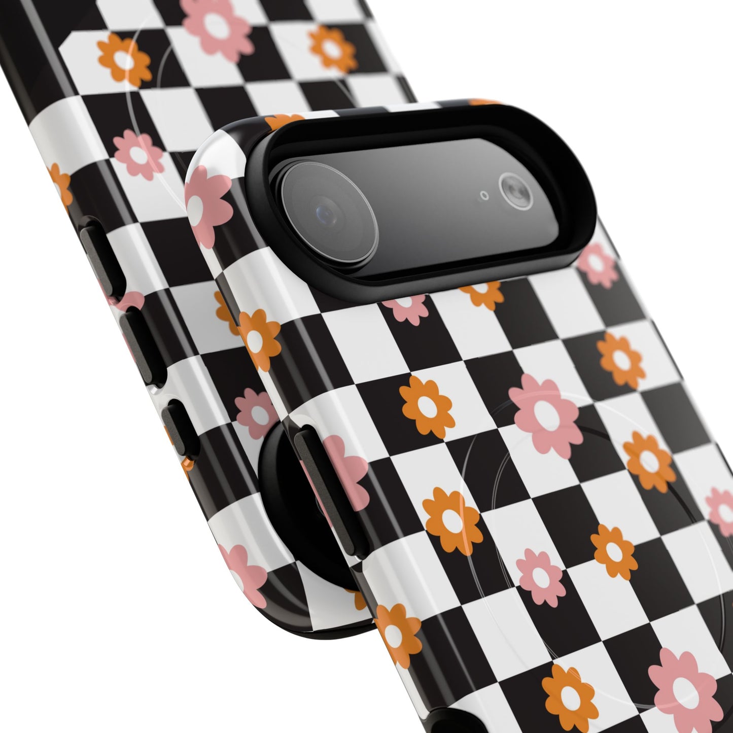 Groovy Checkered Bloom iPhone Case, Tough Magnetic Cases for Women, Stylish iPhone Cover, Trendy Floral Print, Gift for Her, Everyday Accessories