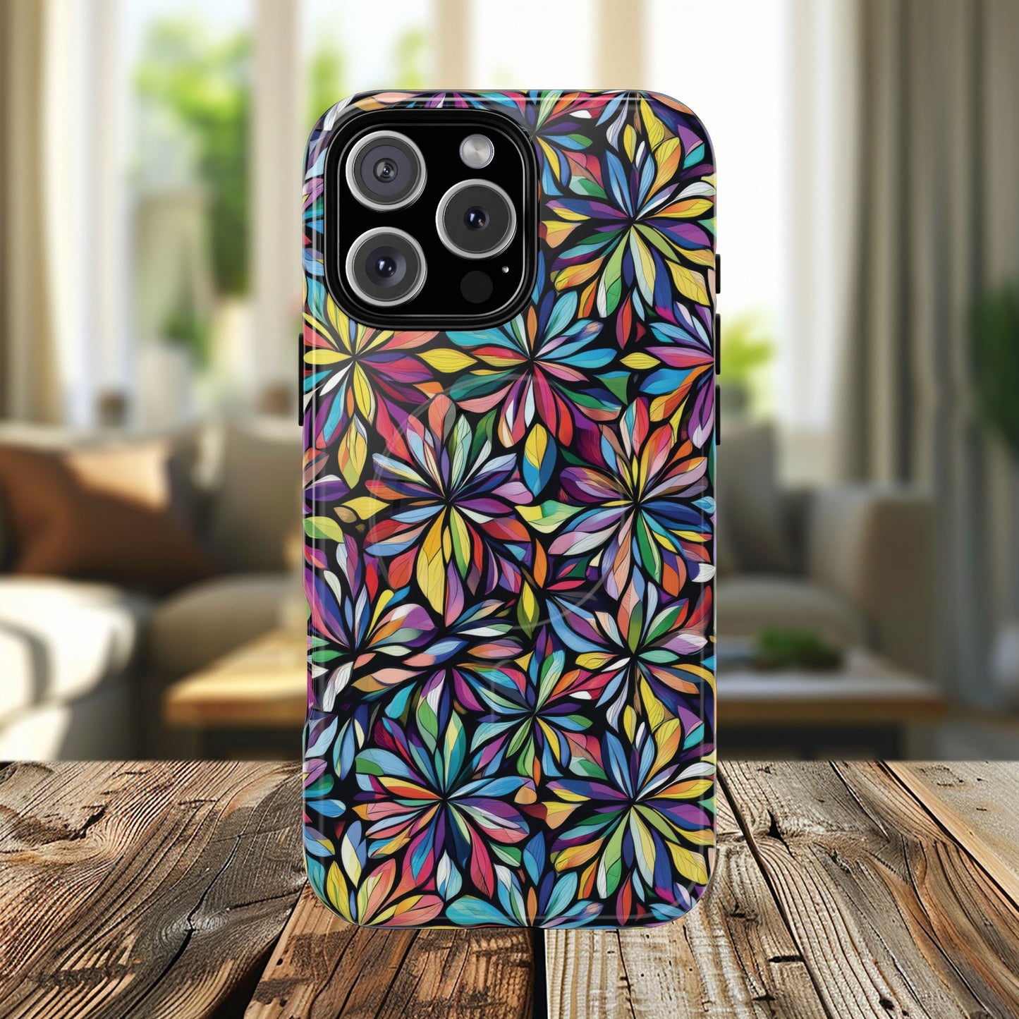 Prism Petal Burst Tough Magnetic iPhone Case, Colorful iPhone Case, Unique Gift for Flower Lovers, Stylish stained Glass Accessory