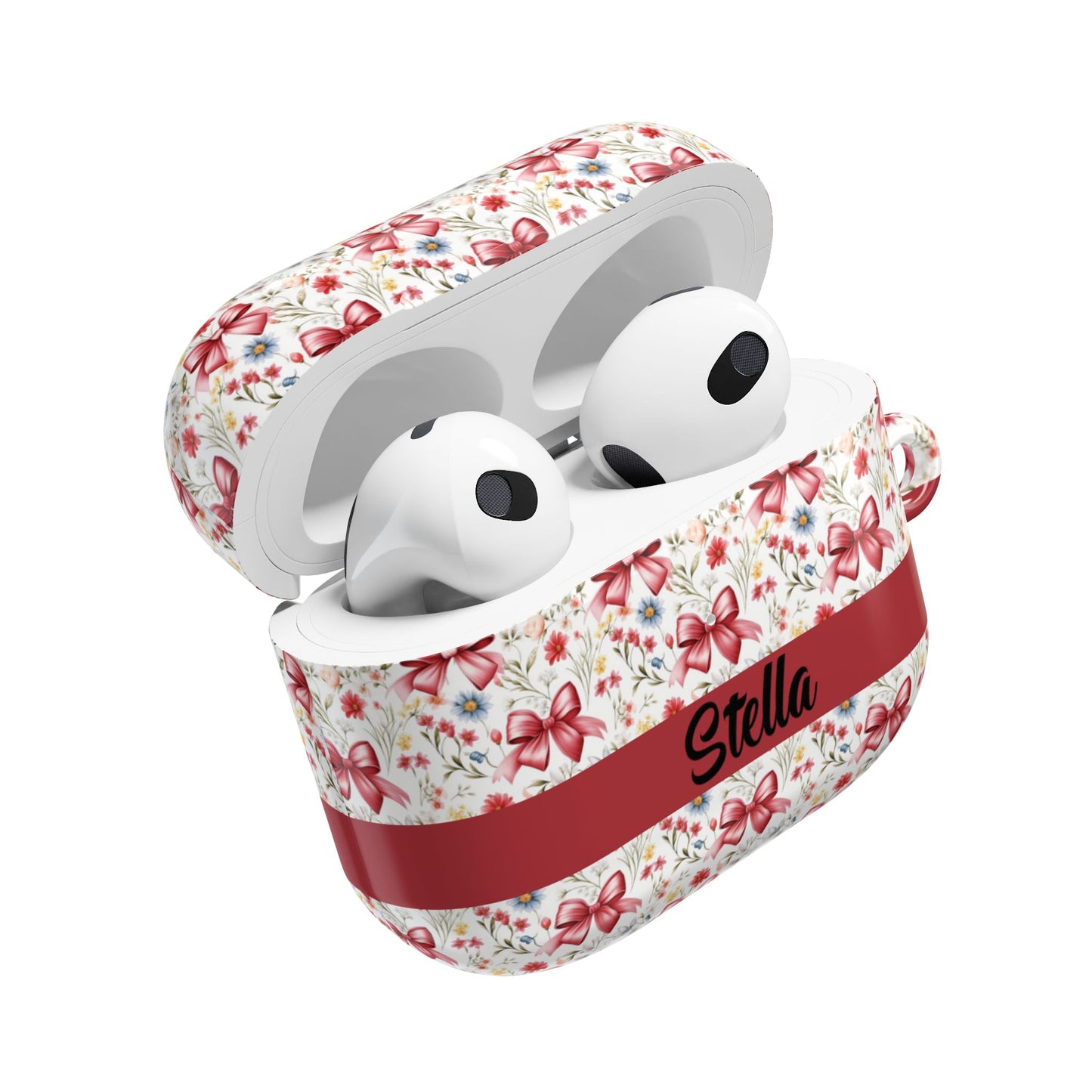 Personalized Rosette Coquette Floral AirPods Pro Gen 1, 2 and Airpods Gen 1, 2, 3, 4 Case — Red Bow Pattern with Custom Name Text.