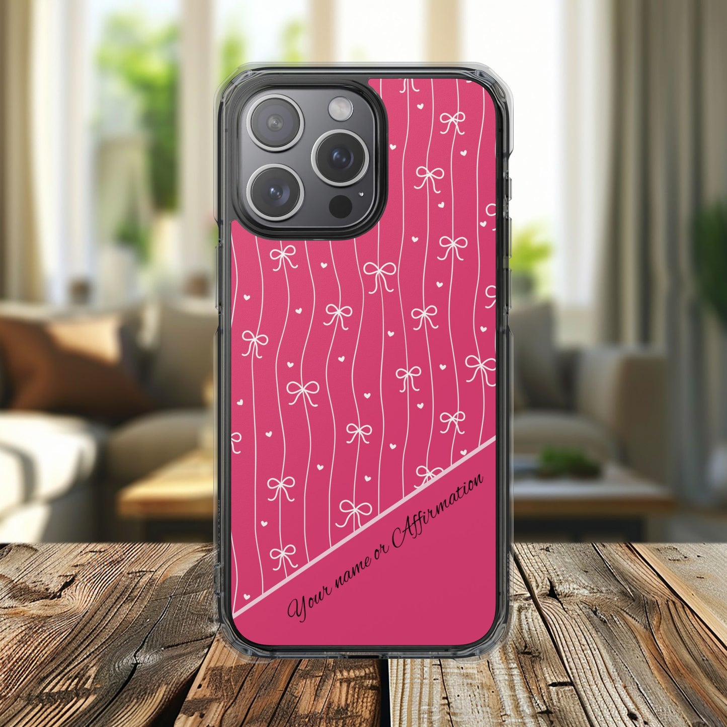 Personalized Pink Bow Coquette Tough Magnetic MagSafe® Clear iPhone Case  iPhone® 13, 14, iPhone 15, iPhone 16, iPhone 17, Pro, Pro Max, Plus Cases.