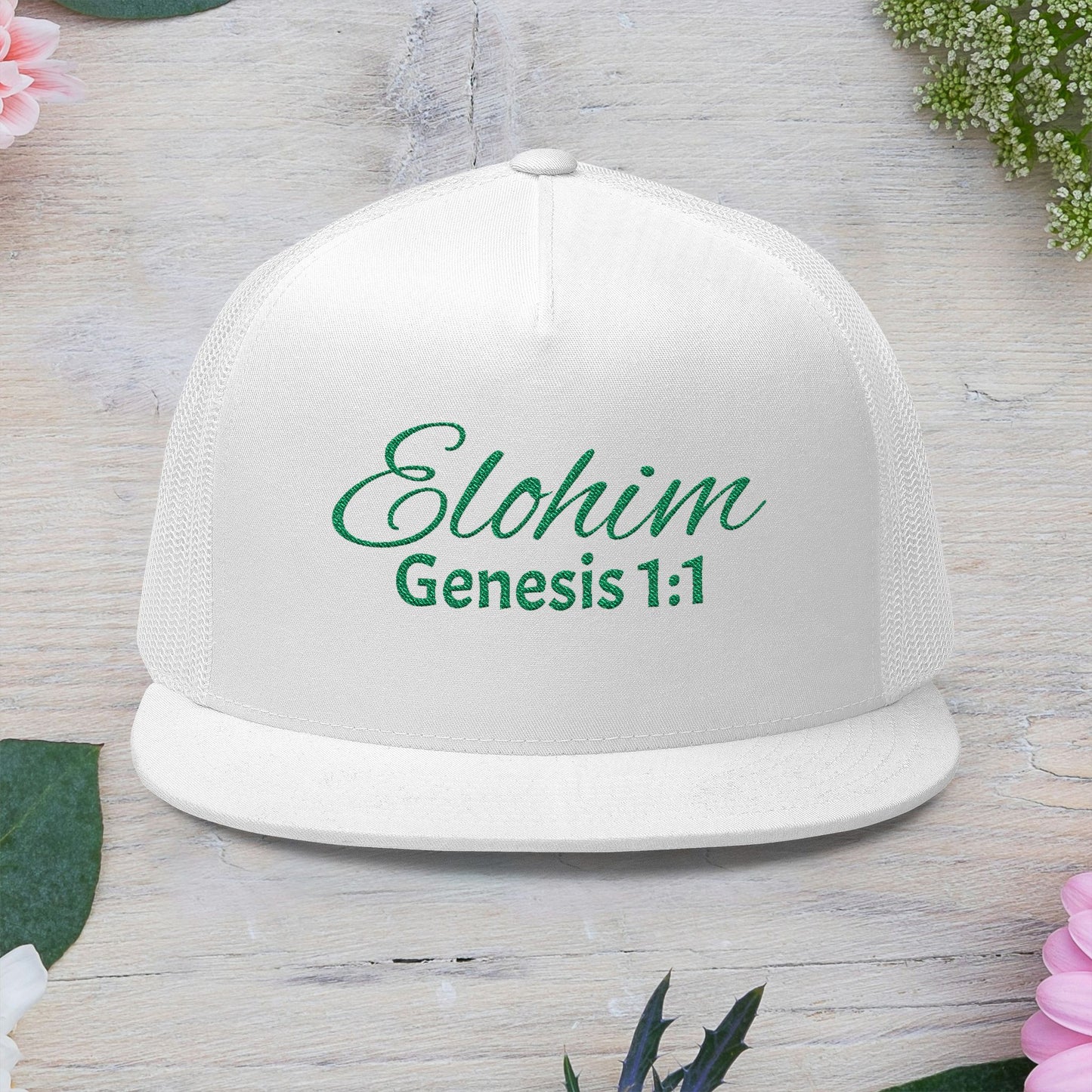 Green 'ELOHIM, GENESIS 1:1'  Embroidered 5 Panel Trucker Cap | Casual Style Hat, Adjustable, Unisex, Perfect Gift for Outdoors, Festivals, Daily Wear