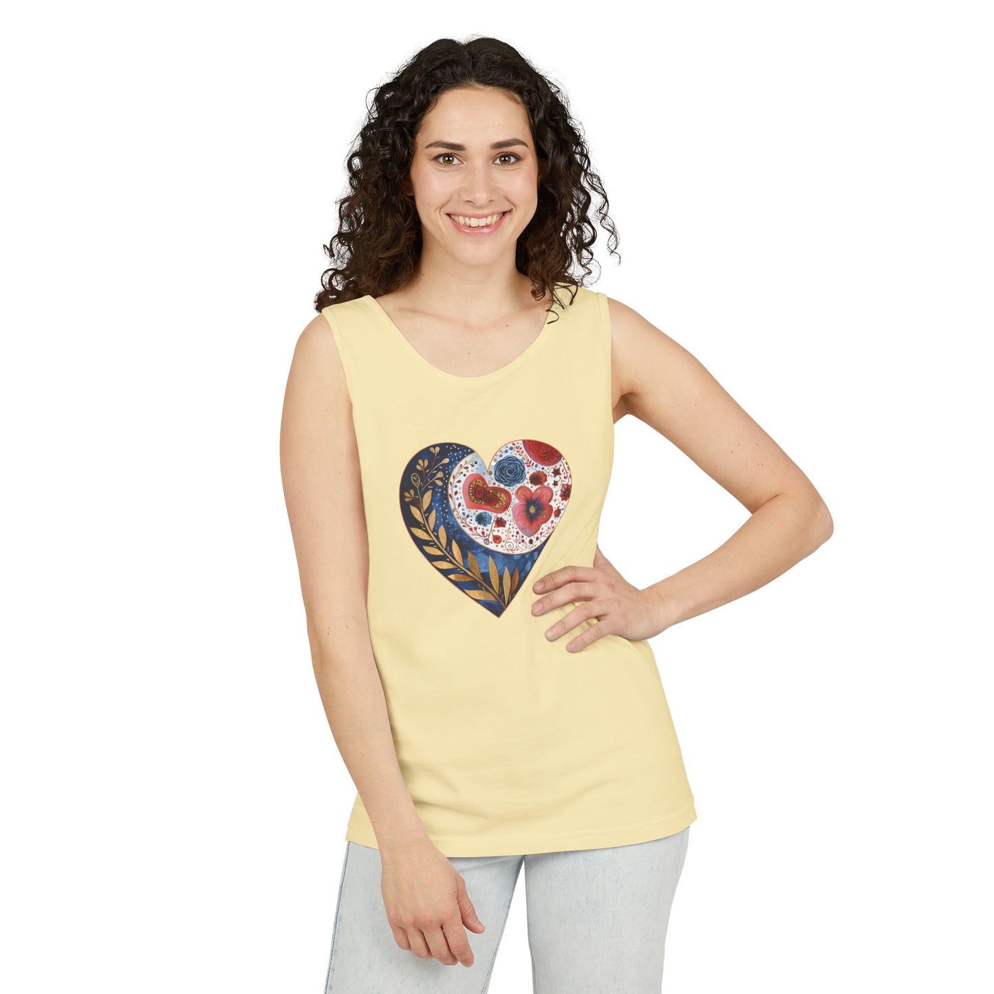 Floral Hearts Unisex Garment-Dyed Tank Top