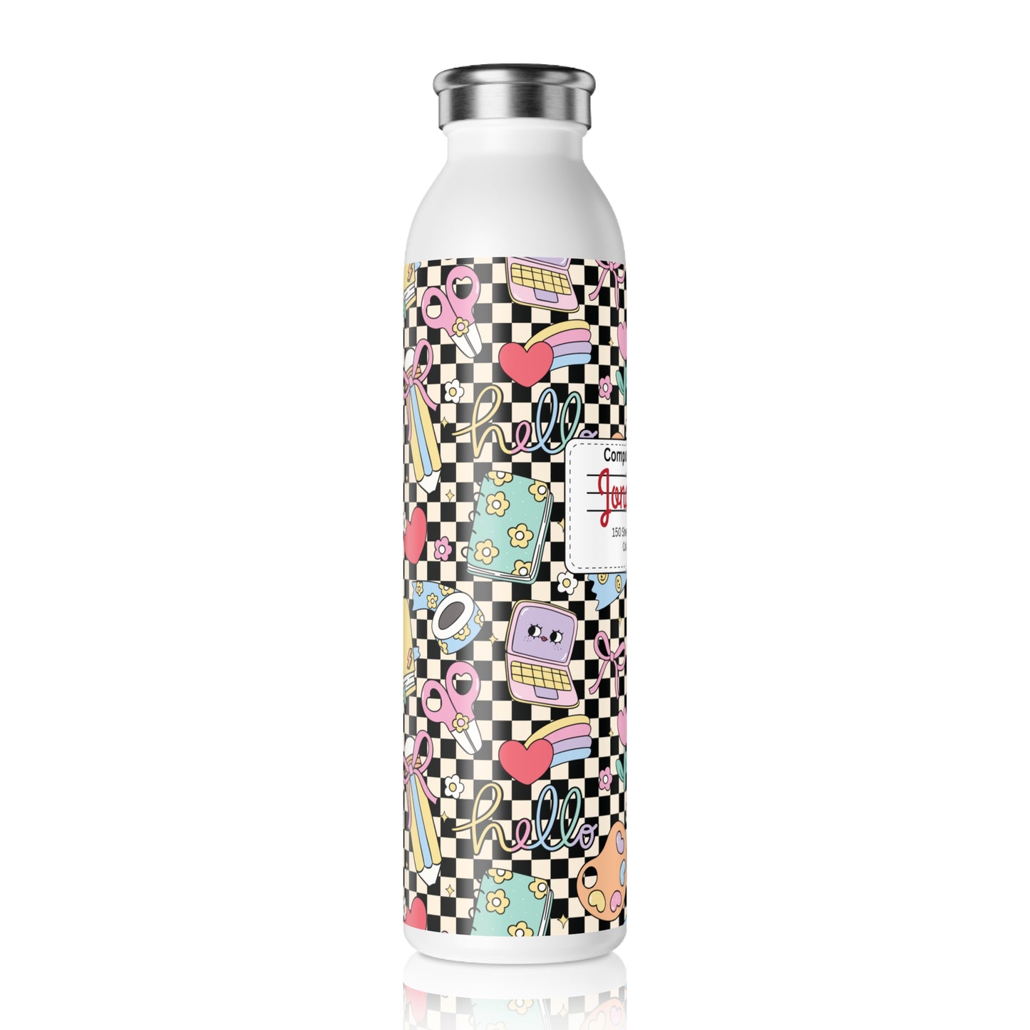 Personalized Composition Black Doodle Daydream Book Inspired Slim Water Bottle, Customizable Drinkware, Eco-Friendly Hydration Bottle, Perfect for Gifts, School Supplies, Back to School