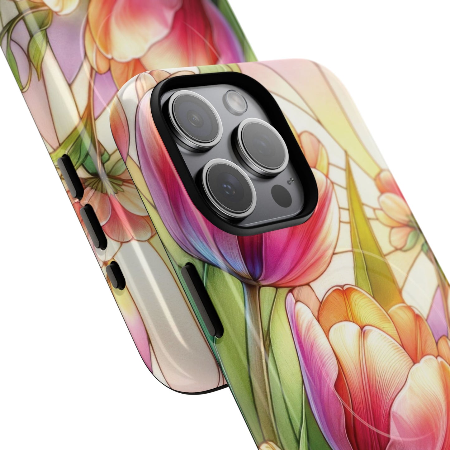 Tulip Glow Tough iPhone Magnetic Case, Floral Design, Spring Gift, Durable Protection, Smartphone Accessories, MagSafe Accessories, Stained Glass Tulip Gift