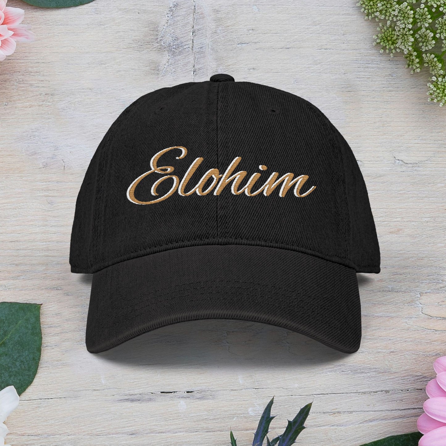 Denim 'ELOHIM, GENESIS 1:1' Hat (Embroidery), Stylish Casual Hat, Gift for Him/Her, Summer Accessory, Trendy Streetwear, Spiritual Fashion.