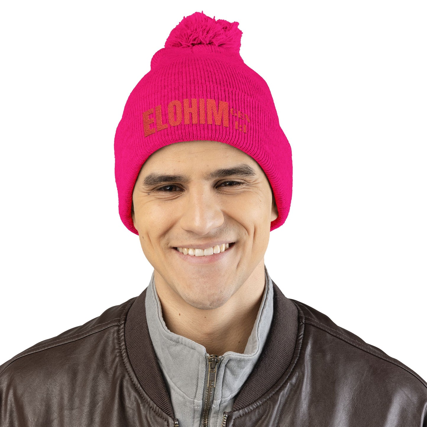 Red Pom-Pom Knit Cap with 'ELOHIM, GENESIS 1:1'  Embroidery Beanie - Stylish Winter Accessory for All Ages, Perfect Gift for Birthdays, Holidays, and Outdoor Activities