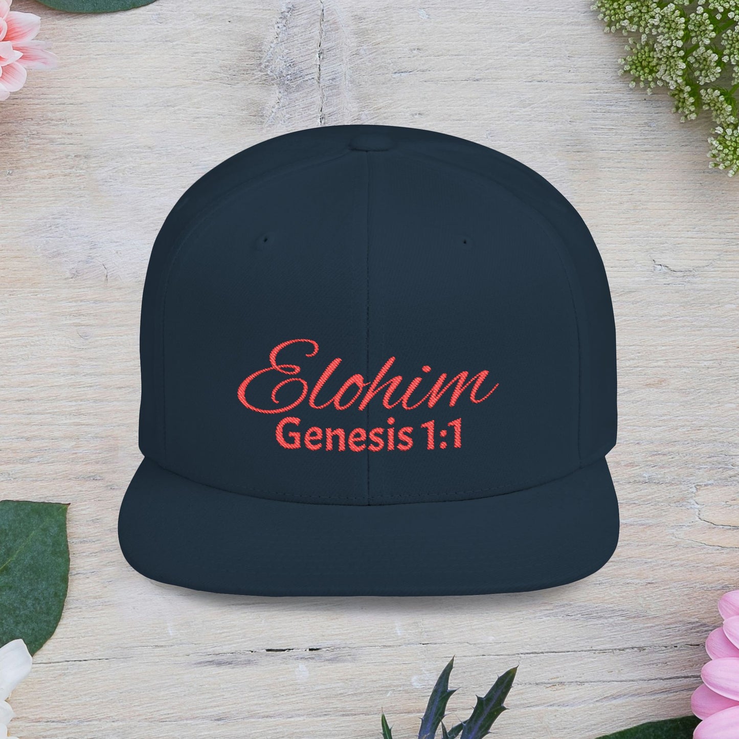 Red Embroidery 'ELOHIM, GENESIS 1:1' Flat Bill Snapback Hat, Stylish Cap for Everyday Wear, Church Events, Gift for Him/Her, Streetwear Accessory, Casual Fashion