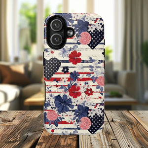 Patriotic Floral Phone Case, Tough Magnetic Cases, American Flag Design, Gift for Her, Independence Day Accessories