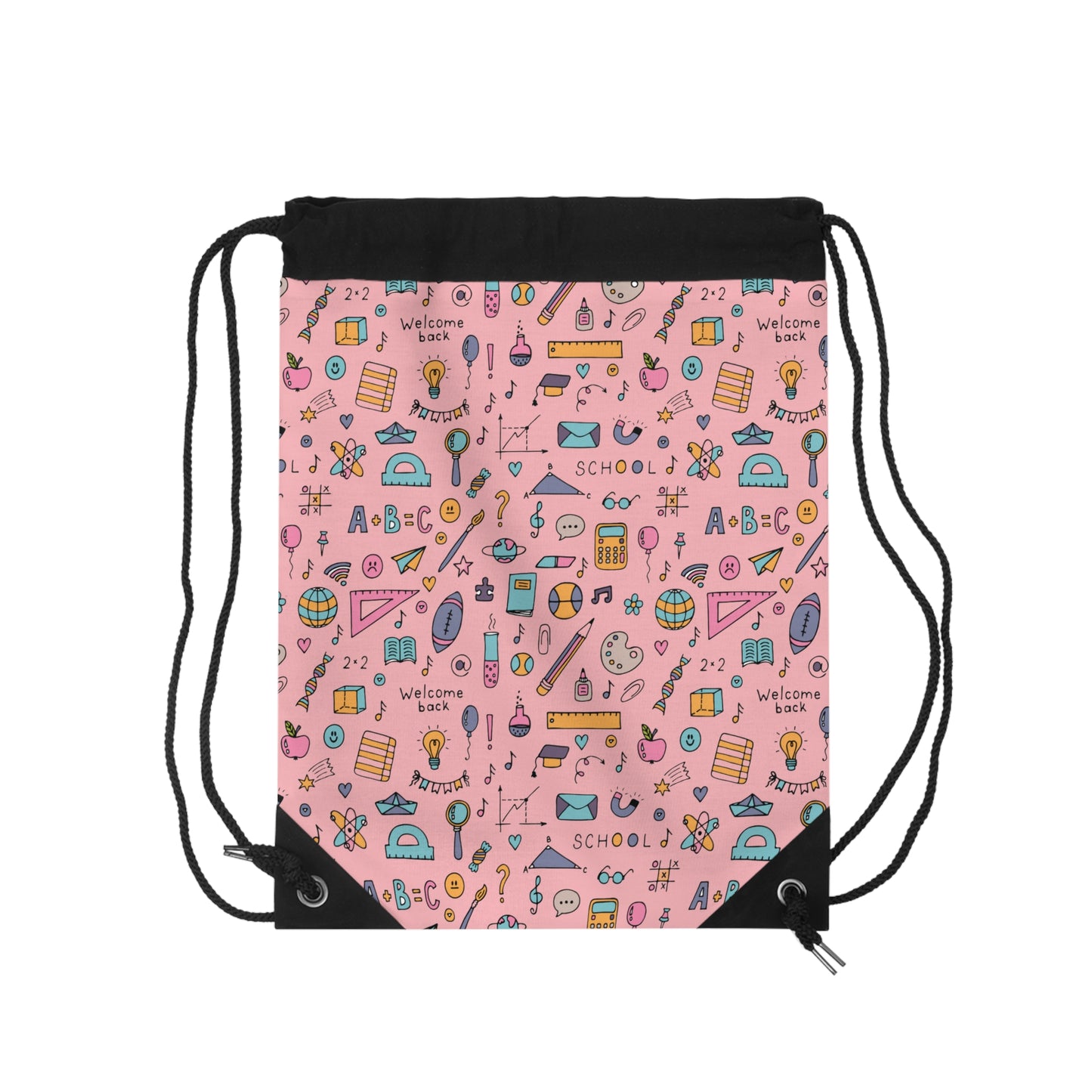 Custom Pink Chalkboard Chic Composition Book Inspired Colorful plsyful icons Drawstring Bag | Personalized College Ruled Tote | Kids School Gear | Fun Gym Sack | Back to School Accessory