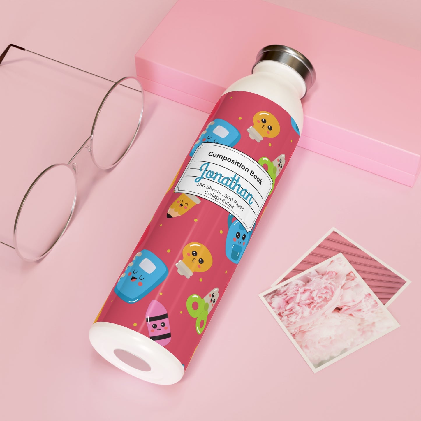 Personalized Kawaii Composition Book Inspired Slim Water Bottle, Customizable Drinkware, Eco-Friendly Hydration Bottle, Perfect for Gifts, School Supplies, Back to School