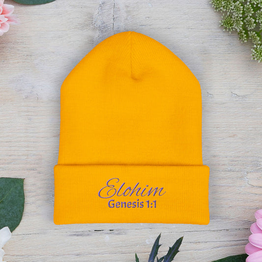 Purple Embroidered 'ELOHIM, GENESIS 1:1' Classic Cuffed Beanie - Cozy Winter Hat, Streetwear Accessory, Personalized Gifts, Religious Apparel, Unisex Beanie