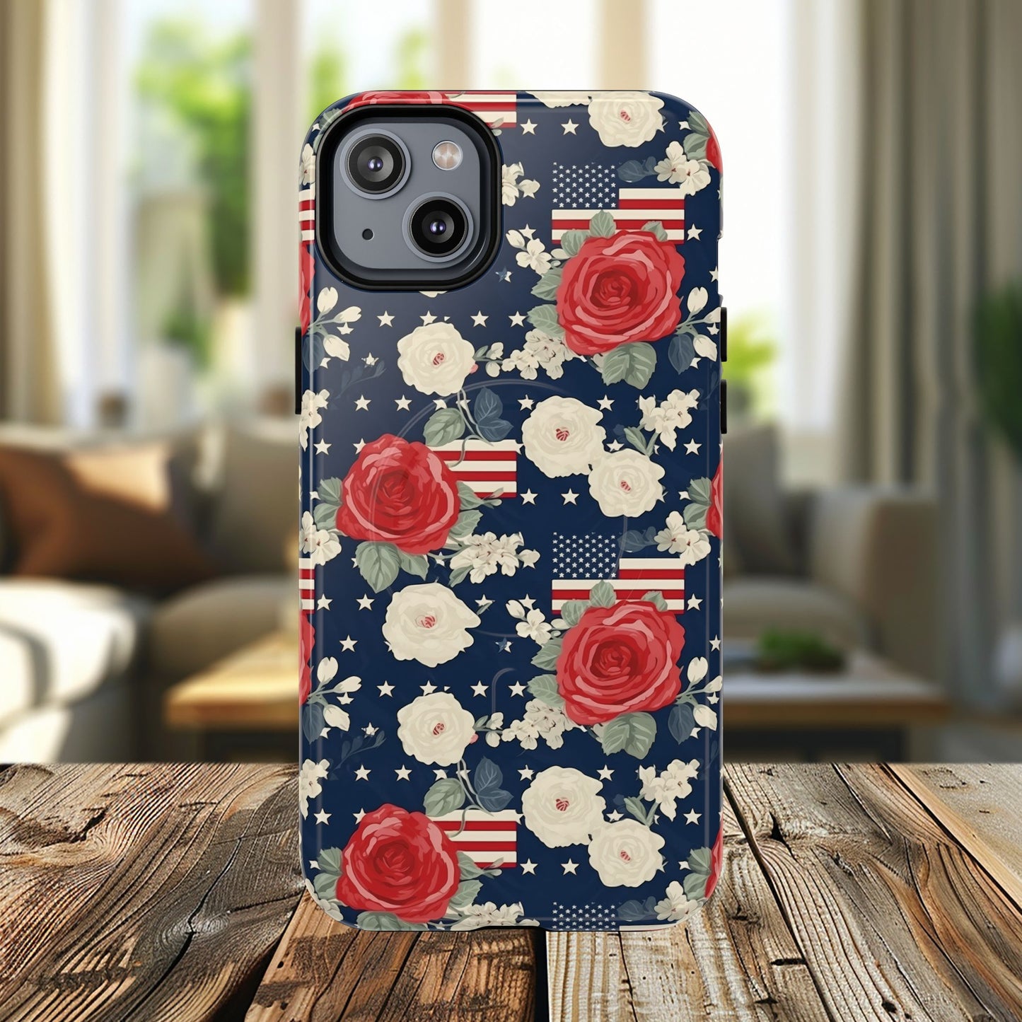 Liberty in Bloom Tough iPhone Magnetic Case, Floral Design, Gift for Moms, Gift for Dads,  iPhone Accessories, Patriotic iPhone Accessory.