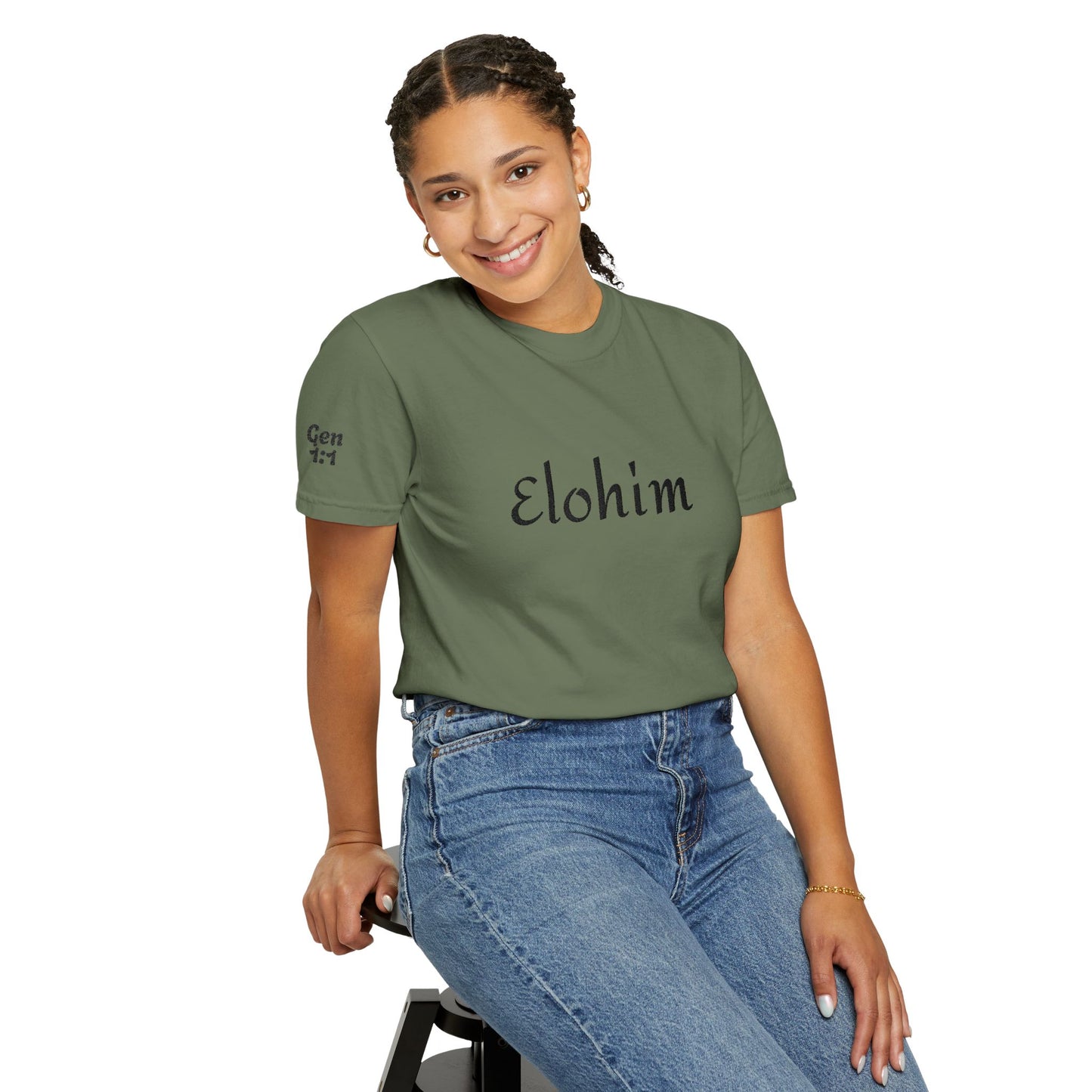 Embroidery 'ELOHIM, GENESIS 1:1' - Faith-Based Unisex Garment-Dyed Comfort Colors T-shirt, Faith Gift Tee, Religious Tee, Embroidery Tee.