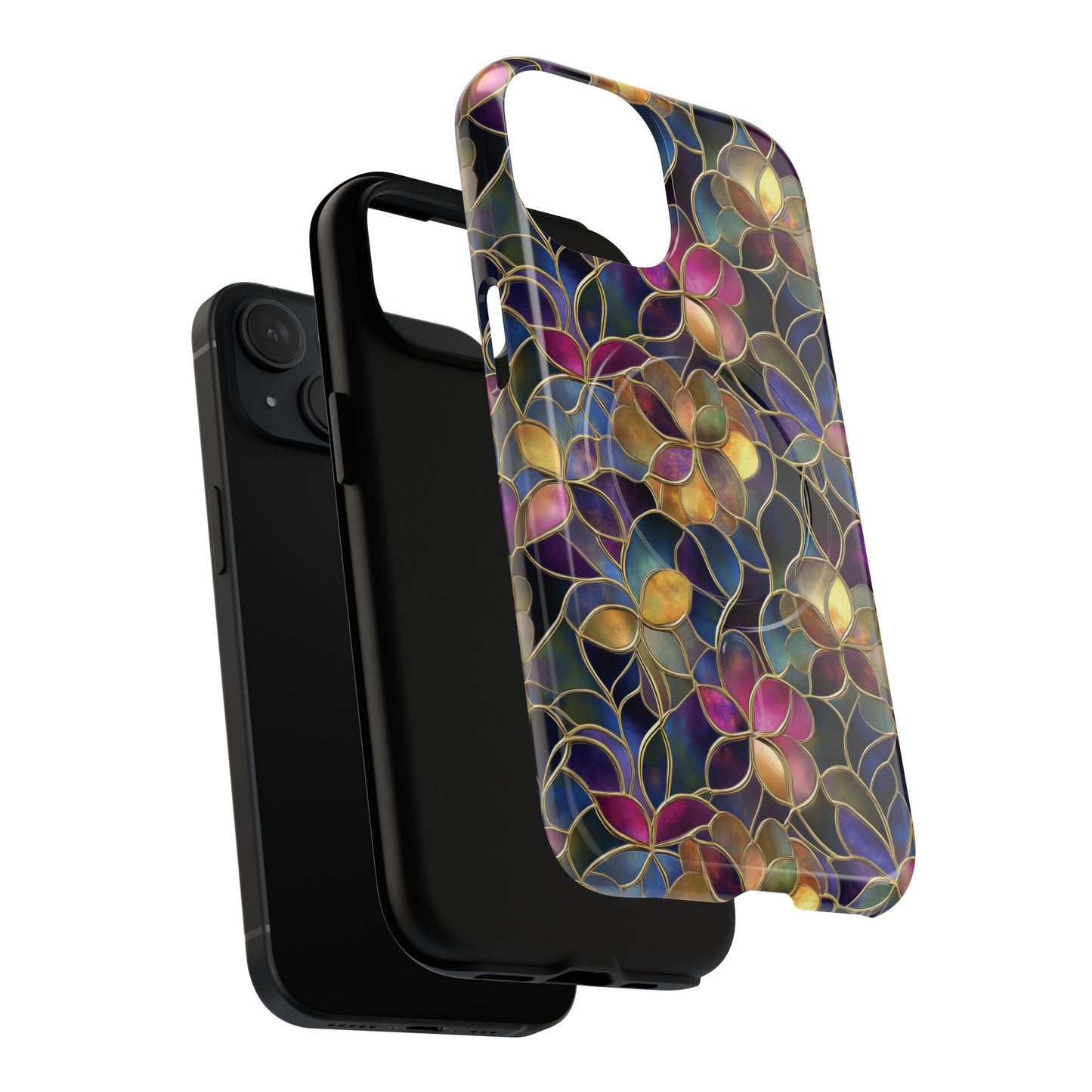 Chromatic Bloom Tough iPhone Magnetic Case, Tough iPhone Cover, Floral iPhone Accessory, Birthday Gift, Elegant Tech Decor, MagSafe Stained Glass Pattern.