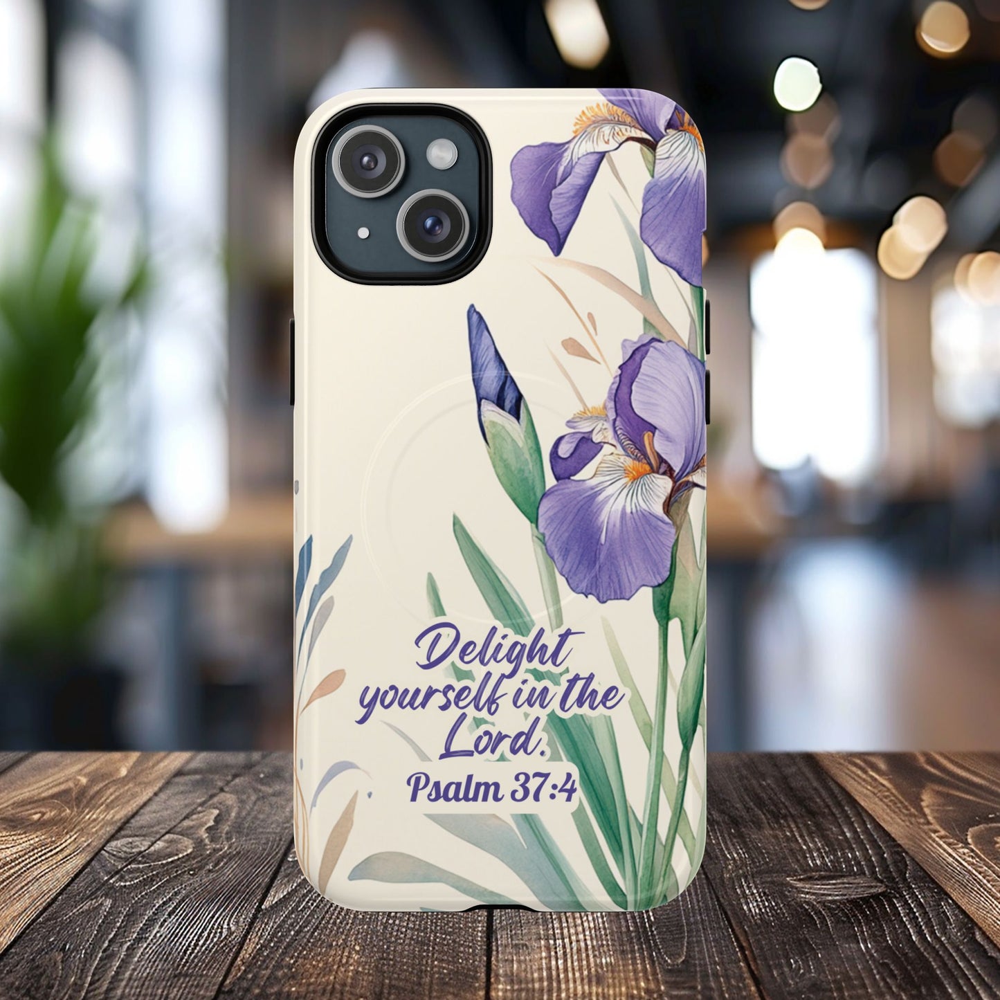 Delight yourself in the Lord Psalm 37:4, Inspirational Gift, iPhone Magnetic Case Scripture, Floral Bible Verse, MagSafe® iPhone® Tough Case, iPhone 14, iPhone 15, iPhone 16, Pro, Pro Max, Plus.