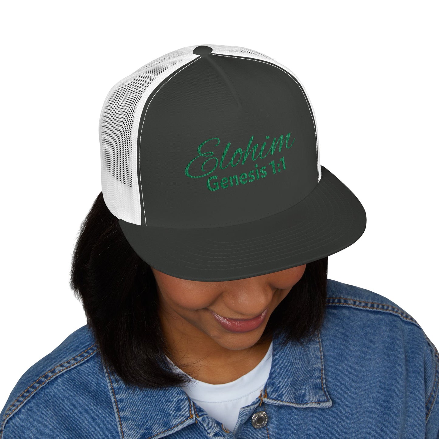 Green 'ELOHIM, GENESIS 1:1'  Embroidered 5 Panel Trucker Cap | Casual Style Hat, Adjustable, Unisex, Perfect Gift for Outdoors, Festivals, Daily Wear