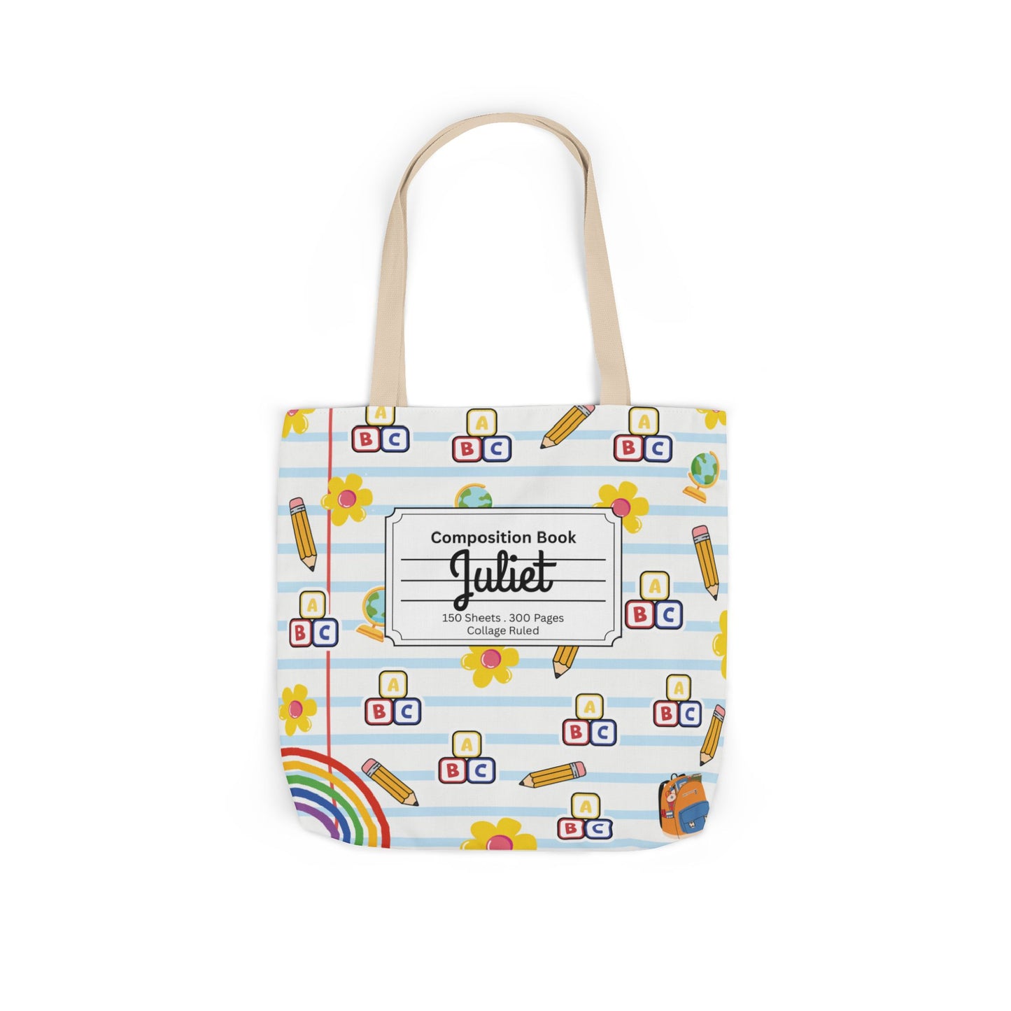 Personalized White Schoolyard Chic Composition Book Inspired Canvas Tote Bag with Colorful Straps, Cute School Bag, Eco-Friendly Tote, Back to School Shopping Bag, Teacher Gift Idea